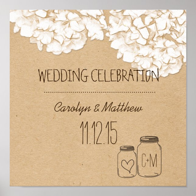 Pôster Casamento Floral Rustic Kraft Paper Hydrangeas (Frente)