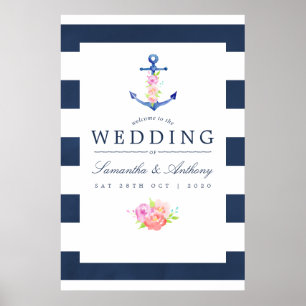 Poster Casamento Floral Temático Náutico em Aquarela