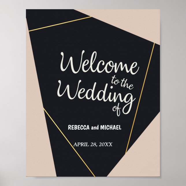 Poster Casamento geométrico preto-rosa e dourado (Frente)