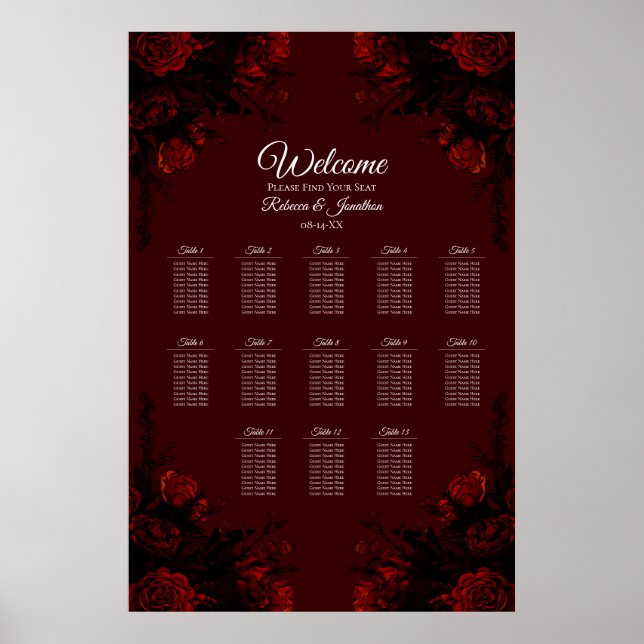 Poster Casamento Gótico Elegante Floral Vermelho Profundo (Frente)