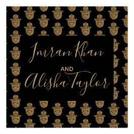 Pôster Casamento Indiano Salve a data Dourada hamsa Henna