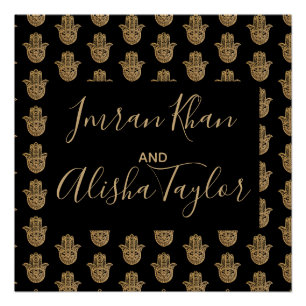 Pôster Casamento Indiano Salve a data Dourada hamsa Henna