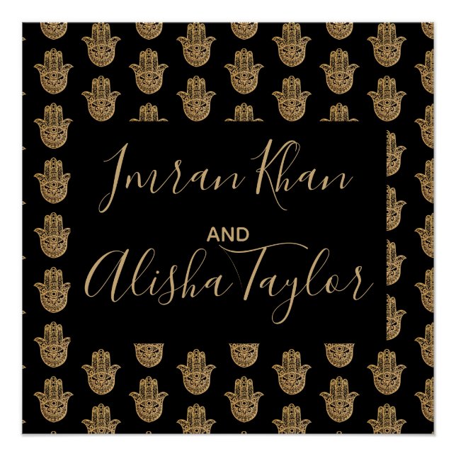 Pôster Casamento Indiano Salve a data Dourada hamsa Henna (Frente)