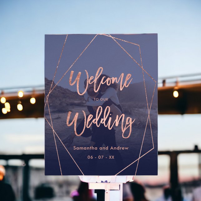 Poster Casamento moderno de bem-vindo com foto em dourado (Modern rose gold navy photo welcome wedding poster)