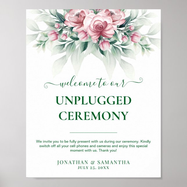 Poster Casamento Moderno Elegante Rosa Verde (Frente)