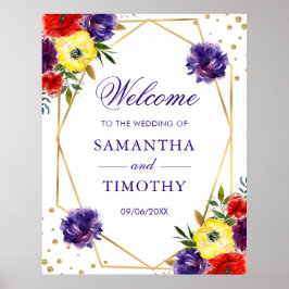 Poster Casamento Moldura Dourada Flores de Verão Aquarela