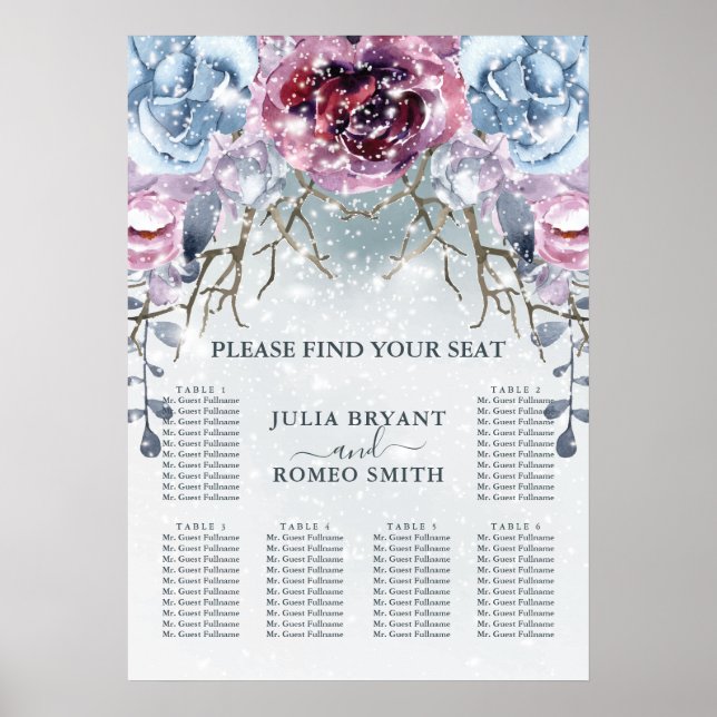 Poster Casamento no inverno Floral Neve Azul Sentado (Frente)