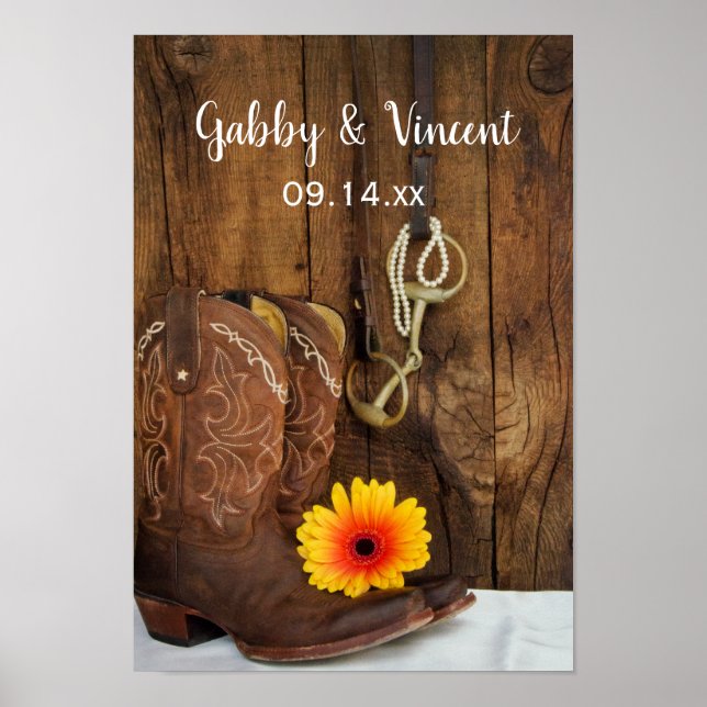 Poster Casamento Ocidental de Cowboy Boots, Daisy e Horse (Frente)
