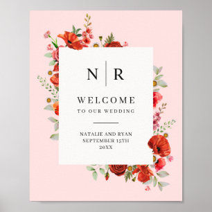 Poster Casamento Papoila-Flores Rosa Monograma