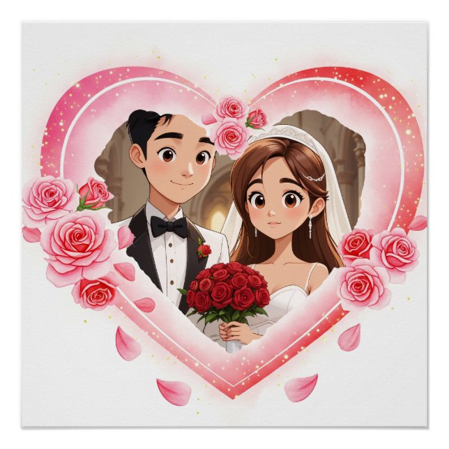 Pôster Casamento Personalizado - Coração de Aquarela Româ (Frente)