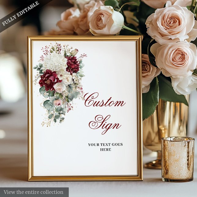 Poster Casamento Personalizado de Rosa Branca Clássica Bo (Classic Boho Burgundy White Rose Custom Wedding Sign)