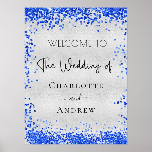 Poster Casamento prata azul real confetes boas-vindas (Frente)