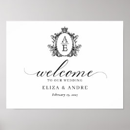 Poster Casamento Real Crest Monograma Negro e Branco