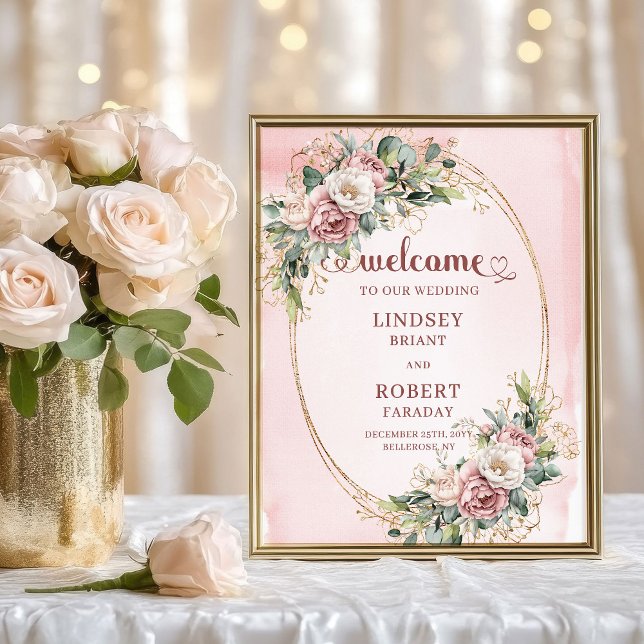 Poster Casamento Romântico Bem-vindo Blush Floral Verde (Romantic Wedding Welcome Blush Floral Greenery)