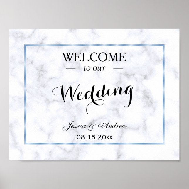 Pôster Casamento Romântico em Mármore Azul (Frente)