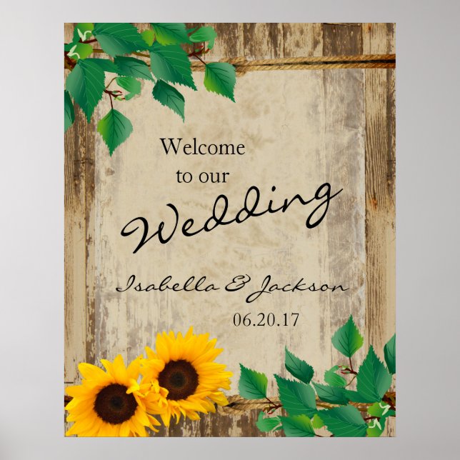 Poster Casamento Rustic Barn Wood Sunflower Bem-vindo (Frente)