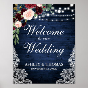 Poster Casamento Rustic Blue Wood Lace Burgundy Blue Flor