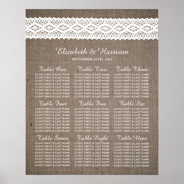 Poster Casamento Rustic Burlap & Vintage White Lace (Frente)