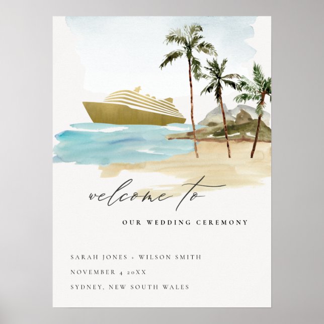Poster Casamento Rustic Seascape Beach Cruise Palm Bem-vi (Frente)
