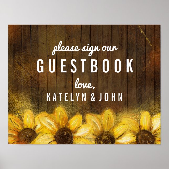 Pôster Casamento Rustic Sunflower Por Favor Assinar Guest (Frente)