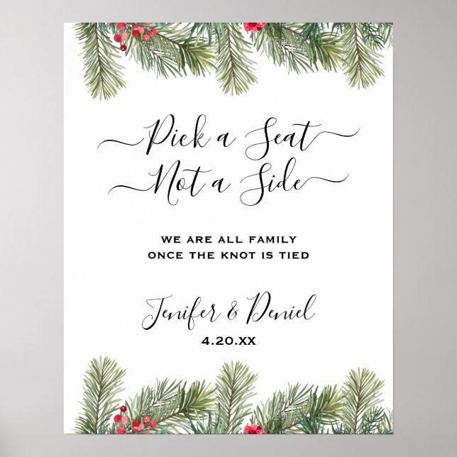 Poster Casamento Rustic Winter Berry Pine Greenery (Frente)