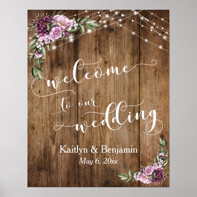 Poster Casamento Rustic Wood Peonies & Lights Bem-vindo (Frente)