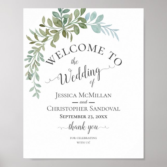 Poster Casamento Rústico Aquarela Eucalipto Verde Suave (Frente)
