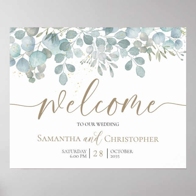 Poster Casamento Rústico Eucalipto Verde Salvia Dourado (Frente)