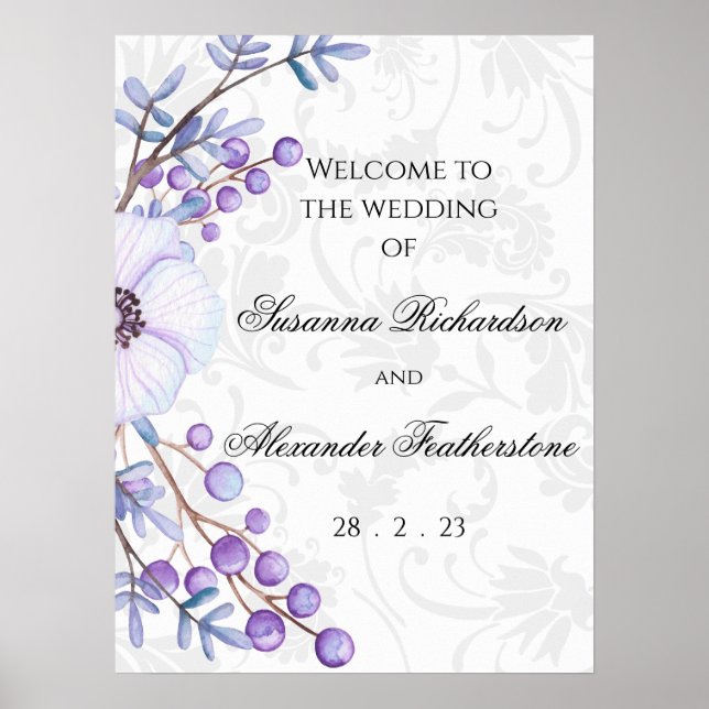 Poster Casamento tema damasco Floral e Elegante Roxo (Frente)