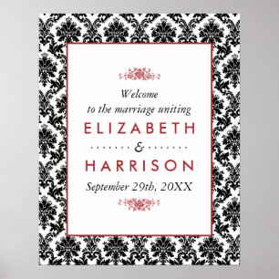 Poster Casamento tema damasco vermelho, preto e branco Vi