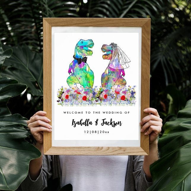 Poster Casamento Tema Dinossauro Bem-Vindo (Fun dinosaur themed wedding with colorful wildflowers custom wedding welcome poster)