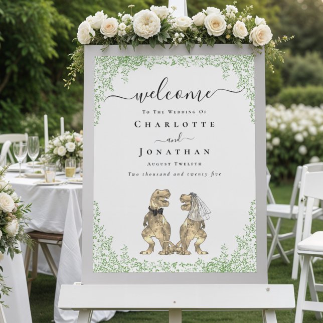 Poster Casamento Temático de Dinossauros - Bem-vindo (Elegant dinosaur bride and groom watercolor foliage wedding welcome sign poster)