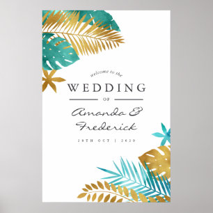 Poster Casamento Tropical Bem-vindo em Turquesa e Dourado