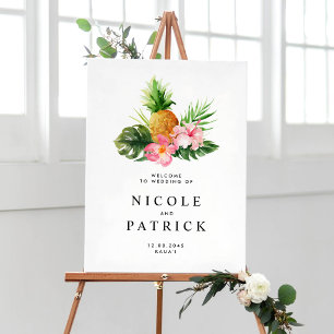 Poster Casamento Tropical com Abacaxi em Aquarela e Folha