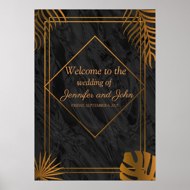 Poster Casamento Tropical com Folhas Douradas e Frame Geo (Frente)