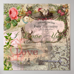 Pôster Casamento vintage da colagem do casamento floral