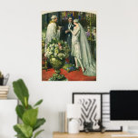 Pôster Casamento vintage, noiva e noiva com Menorah<br><div class="desc">Ilustração Vintage,  amor e cerimônia de casamento romântica,  com uma imagem de um casal se casando em uma bela sinagoga com vitrines coloridas,  flores e uma menorah de sete galhos. A noiva está vestindo um longo vestido branco e o noivo é bonito em seu smoking.</div>