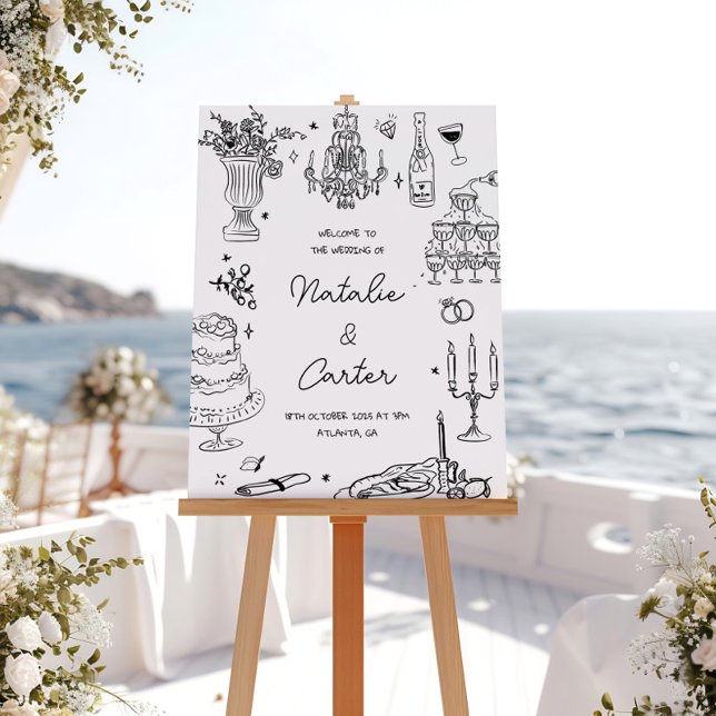 Pôster Casamento Whimsical Desenhado à Mão Negra e Branca (Criador carregado)