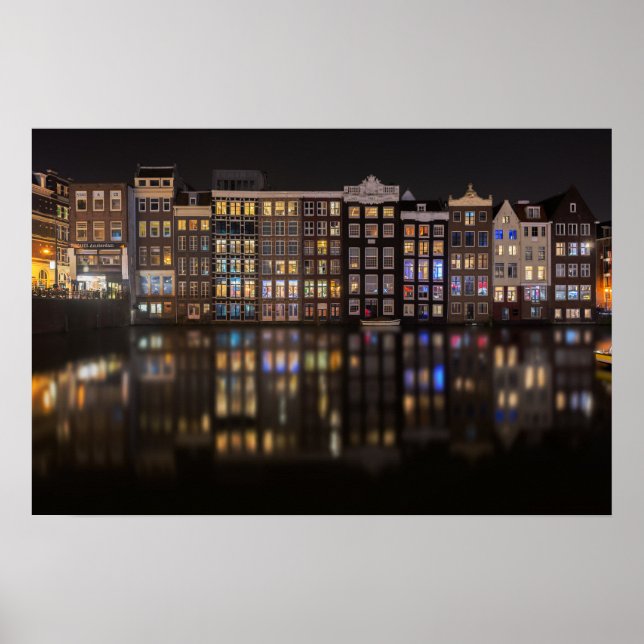Poster Casas de Amsterdã com luzes coloridas à noite (Frente)