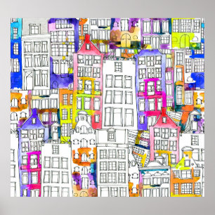Poster Casas de Amsterdã: Padrão Sem Costura De Aquarela