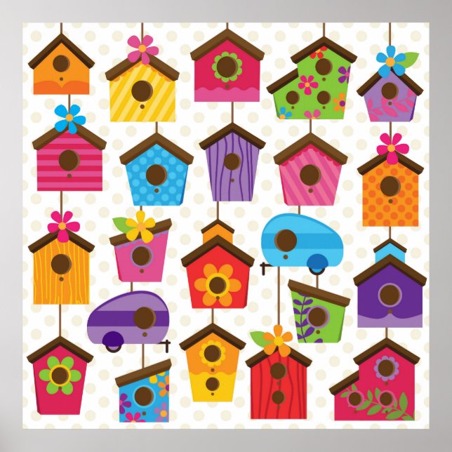 Poster Casas de aves a cores vibrantes (Frente)