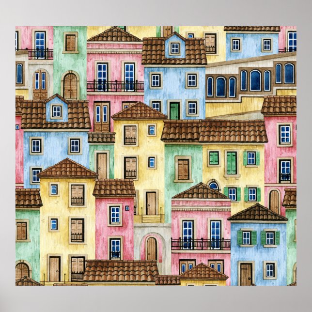 Poster Casas de Lisboa: Padrão Funicular de Aquarela. (Frente)