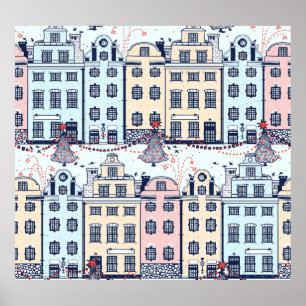 Poster Casas de Natal, padrão festivo vintage.