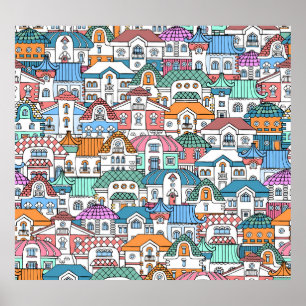 Poster Casas Desenhadas À Mão: Padrão Vintage Colorido