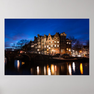Pôster Casas do canal de Amsterdã à noite