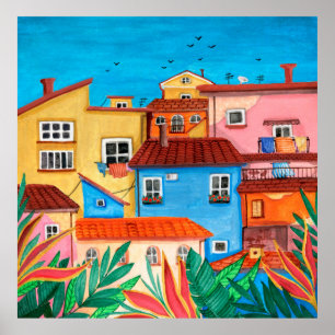 Poster Casas italianas. Mão de Gouache desenhada