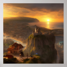 Poster Casas pequenas em um penhasco no mar e no sol