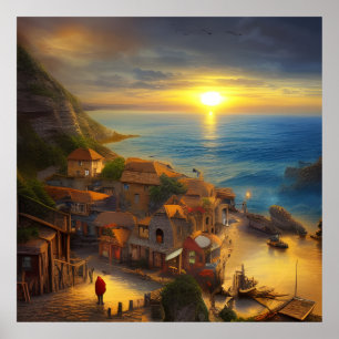 Poster Casas pequenas em um penhasco olhando para o mar e
