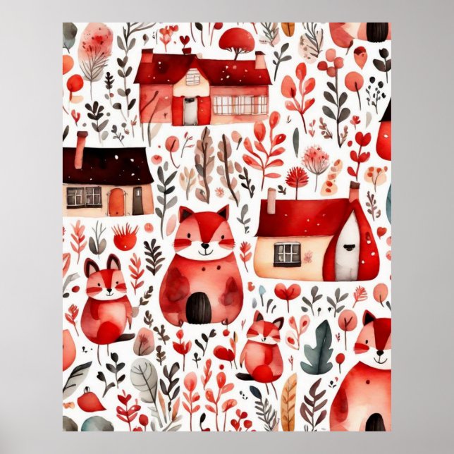 Poster Casas vermelhas e casas Folha de Papel (Frente)
