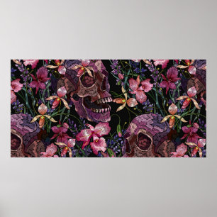 Poster Casca humana bordados e flores cor-de-rosa-orquíd